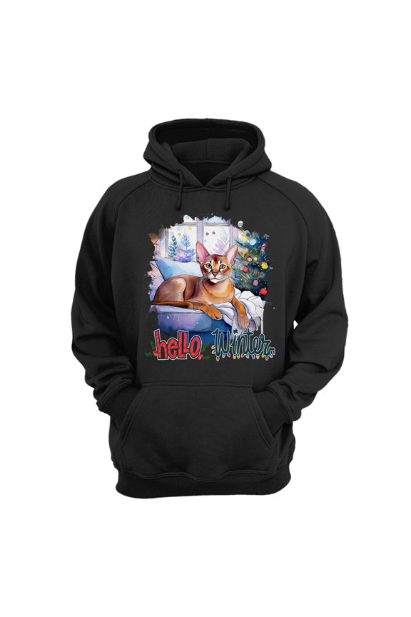 Watercolor Hello Winter Abyssinian Chill Christmas Welcome Hoodie Unisex Merch Hoodies Cat Lover Kitten Owner Gifts - 00016