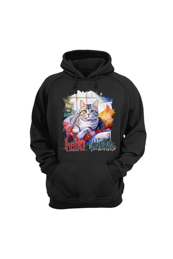 Watercolor Hello Winter American Shorthair Chill Christmas Welcome Hoodie Unisex Merch Hoodies Cat Lover Kitten Owner Gifts - 00016
