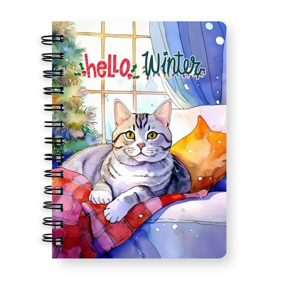 Watercolor Hello Winter American Shorthair Chill Christmas Welcome Spiral Bound Journal Cat Lover Kitten Owner Gifts 5x7in Spiral Notebook - 00016