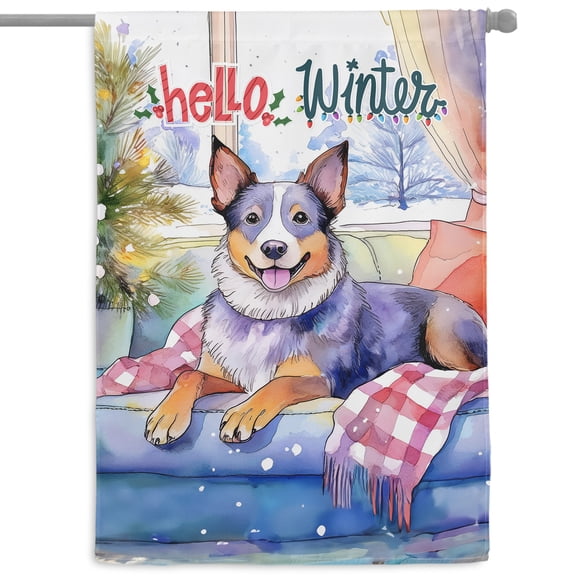 Watercolor Hello Winter Australian Cattle Dog Chill Christmas Welcome House Flag 28x40in Double Sided Heeler Lover Gifts Outdoor Decor - 00016