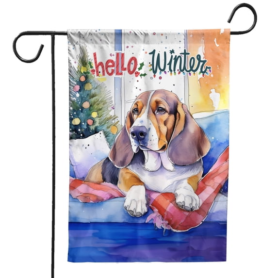 Watercolor Hello Winter Basset Hound Chill Christmas Welcome Garden Flag 12x18in Double Sided Bassets Dog Breed Lovers Gifts Idea Outdoor Decor - 00016