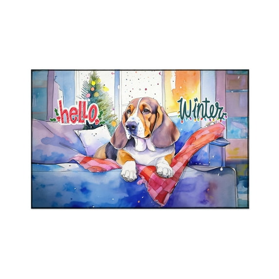 Watercolor Hello Winter Basset Hound Chill Christmas Welcome Indoor Rug Bassets Dog Breed Lovers Gifts Idea Carpet Living Bed Room Sofa Home Decor - 00016