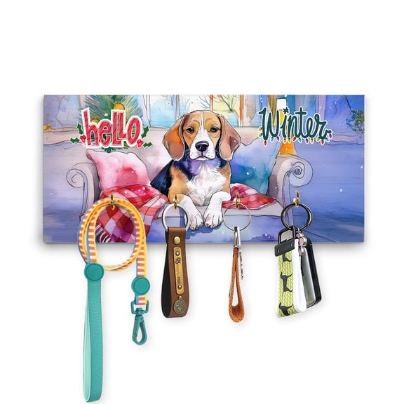 Watercolor Hello Winter Beagle Chill Christmas Welcome Wood Key Holder Beagles Dog Lover Gifts Idea Wall-mounted Key Rack Home Decor - 00016
