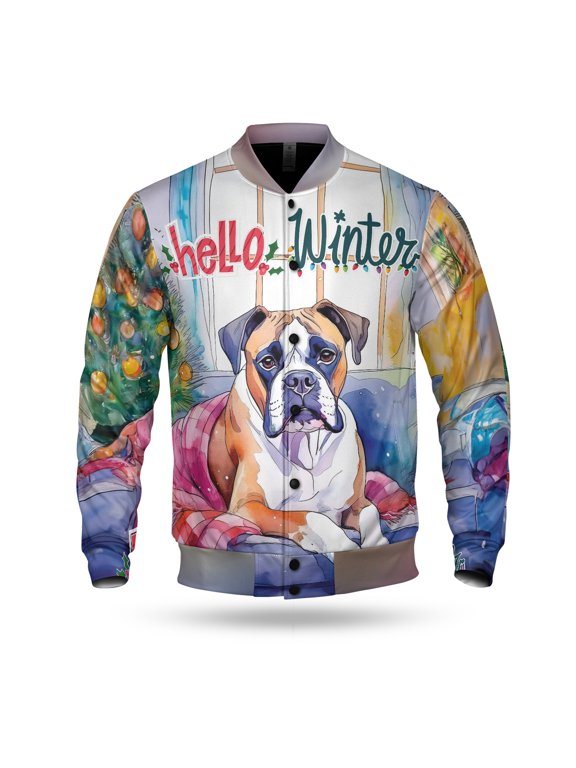 Watercolor Hello Winter Boxer Chill Christmas Welcome All Over Print 3D Baseball Jacket Boxers Dog Lover Gifts Idea Bomber Jacket Softball - 00016