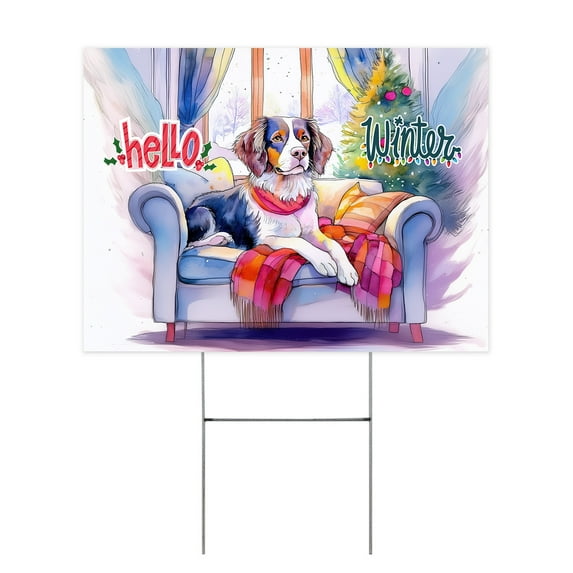 Watercolor Hello Winter Brittany Spaniel Chill Christmas Welcome Yard Sign Brittany Dog Lover Gifts Idea Outdoor Home Lawn Garden Porch Decor - 00016
