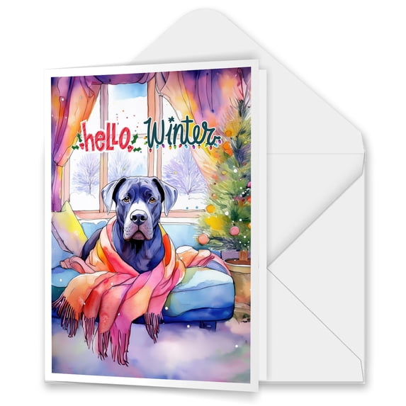 Watercolor Hello Winter Cane Corso Chill Christmas Welcome 5x7in Folded Greeting Card Italian Mastiff Dog Lover Gifts Idea Single Note Card with Envelope - 00016