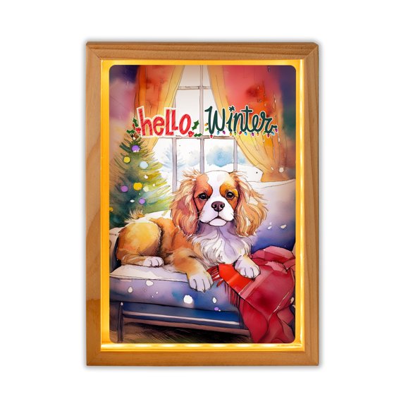 Watercolor Hello Winter Cavalier King Charles Spaniel Chill Christmas Welcome Acrylic Plaque with Wood Photo Frame Box Dog Lover Gifts Light Box - 00016