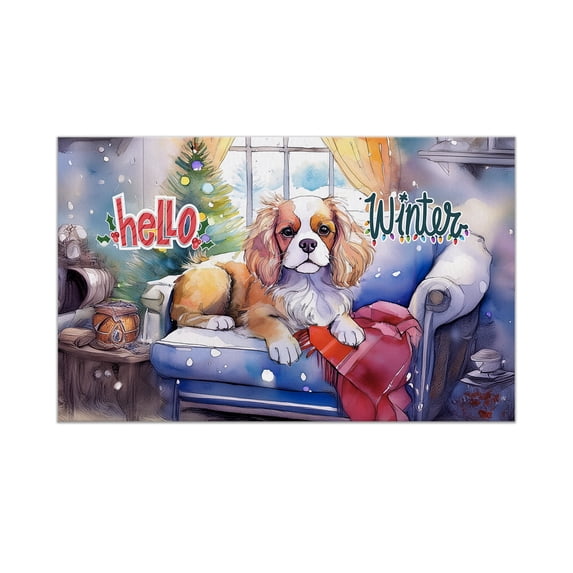 Watercolor Hello Winter Cavalier King Charles Spaniel Chill Christmas Welcome Doormat Dog Lover Gifts Indoor Outdoor Welcome Mat - 00016