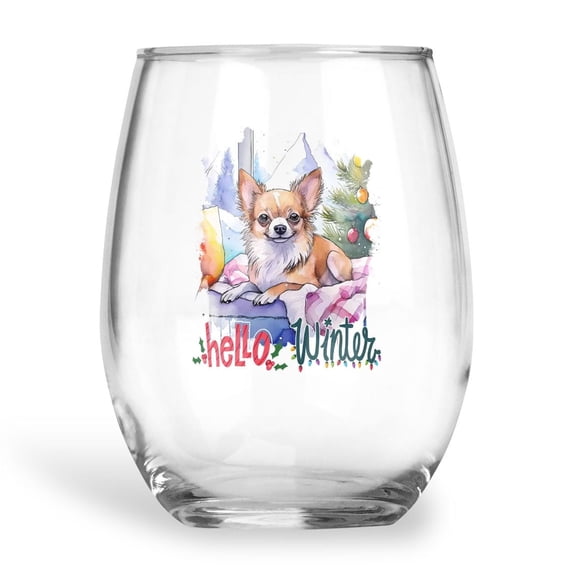 Watercolor Hello Winter Chihuahua Chill Christmas Welcome 15oz Stemless Wine Glass Mug Dog Lover Gifts Idea Wine Glasses Cup - 00016