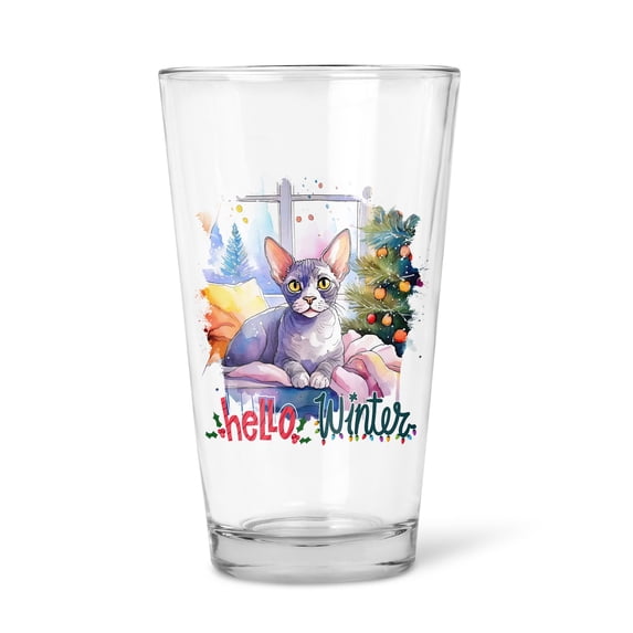 Watercolor Hello Winter Devon Rex Chill Christmas Welcome 16oz Pint Beer Glass Mug Cat Lover Kitten Owner Gifts Beer Glasses Cup - 00016
