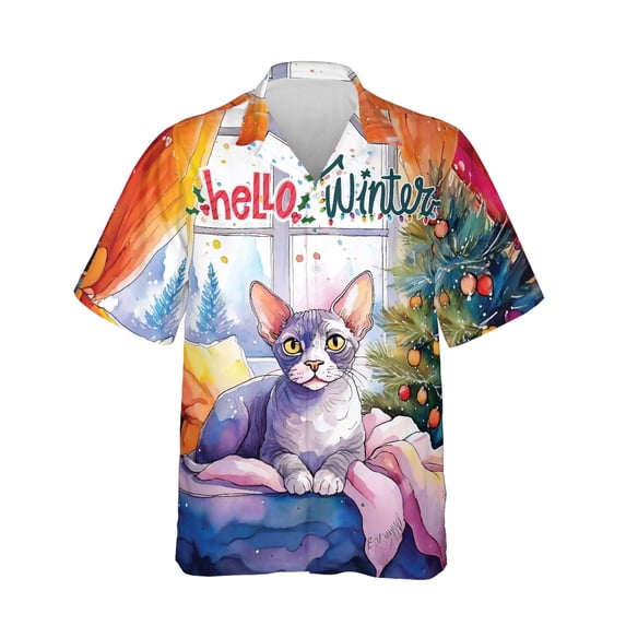 Watercolor Hello Winter Devon Rex Chill Christmas Welcome Hawaiian Shirt Breathable Summer Unisex Merch Cat Lover Kitten Owner Gifts - 00016