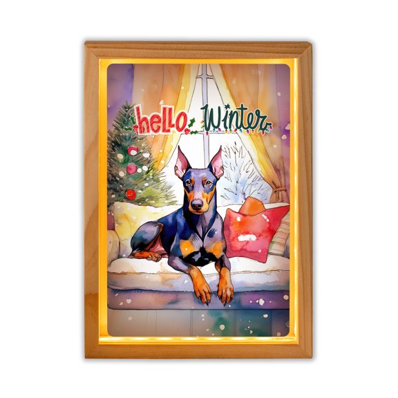 Watercolor Hello Winter Doberman Pinscher Chill Christmas Welcome Acrylic Plaque with Wood Photo Frame Box Doberman Dog Lover Gifts Light Box - 00016