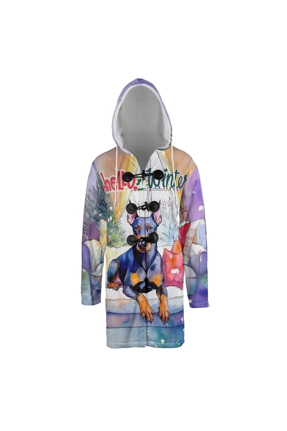 Watercolor Hello Winter Doberman Pinscher Chill Christmas Welcome All Over Print 3D Hooded Duffle Toggle Coat Doberman Dog Lover Gifts - 00016