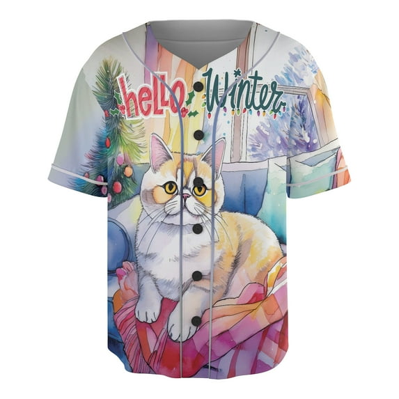 Watercolor Hello Winter Exotic Shorthair Chill Christmas Welcome All Over Print 3D Baseball Shirt Cat Lover Kitten Owner Gifts Softball Sport - 00016