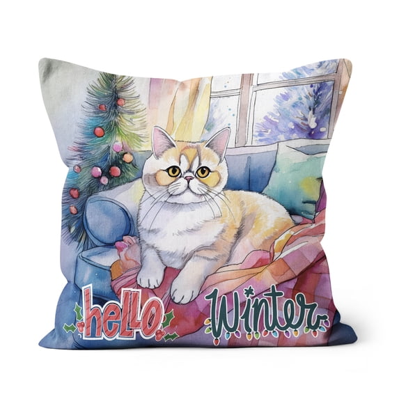Watercolor Hello Winter Exotic Shorthair Chill Christmas Welcome Pillow Cushion Double Sided Cat Lover Kitten Owner Gifts Throw Pillow - 00016