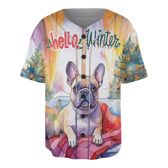 Watercolor Hello Winter French Bulldog Chill Christmas Welcome All Over Print 3D Baseball Shirt Dog Lover Gifts Softball Sport - 00016