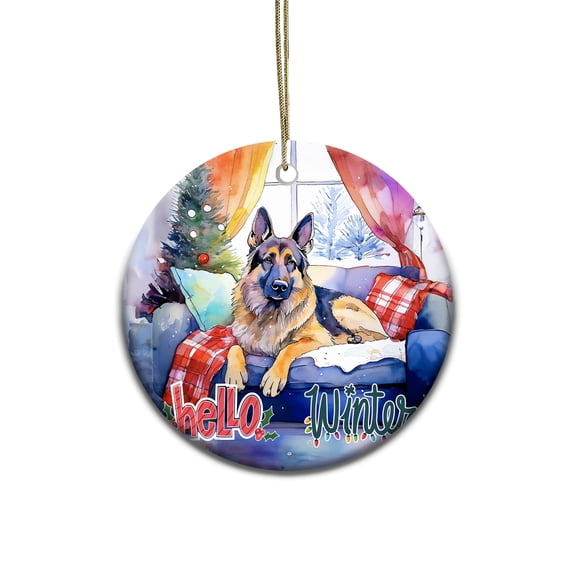 Watercolor Hello Winter German Shepherd Chill Christmas Welcome Ceramic Round Ornament Alsatian Dog Lover Gifts Home Tree Decor - 00016