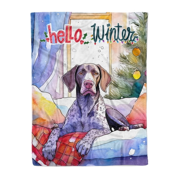 Watercolor Hello Winter German Shorthaired Pointer Chill Christmas Welcome Cozy Fleece Blanket GSP Lover Dog Gift Warm Soft Throw Blanket - 00016