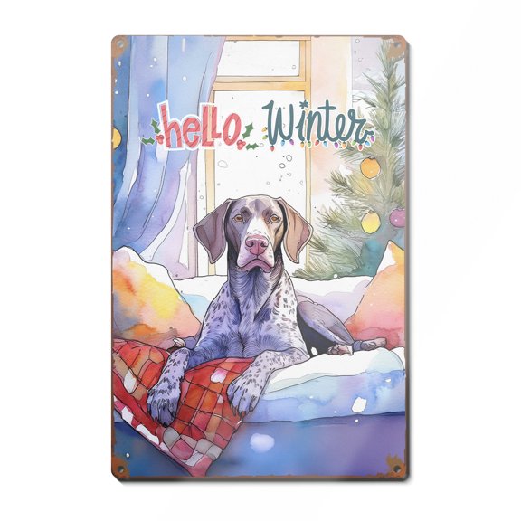 Watercolor Hello Winter German Shorthaired Pointer Chill Christmas Welcome Vertical Metal Aluminum Sign GSP Lover Dog Gift Wall Art Home Decor - 00016