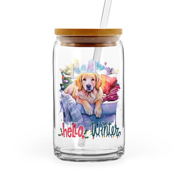 Watercolor Hello Winter Golden Retriever Chill Christmas Welcome 16oz Glass Cup Mug Goldens Dog Lover Gifts Idea Glass Can with Bamboo Lid and Straw - 00016