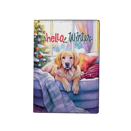 Watercolor Hello Winter Golden Retriever Chill Christmas Welcome Travel Passport Wallet Goldens Dog Lover Gifts Idea PU Leather Passport Holder Cover - 00016