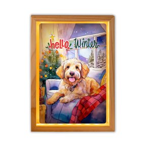 Watercolor Hello Winter Goldendoodle Chill Christmas Welcome Acrylic Plaque with Wood Photo Frame Box Doodle Dog Lover Gifts Idea Light Box - 00016