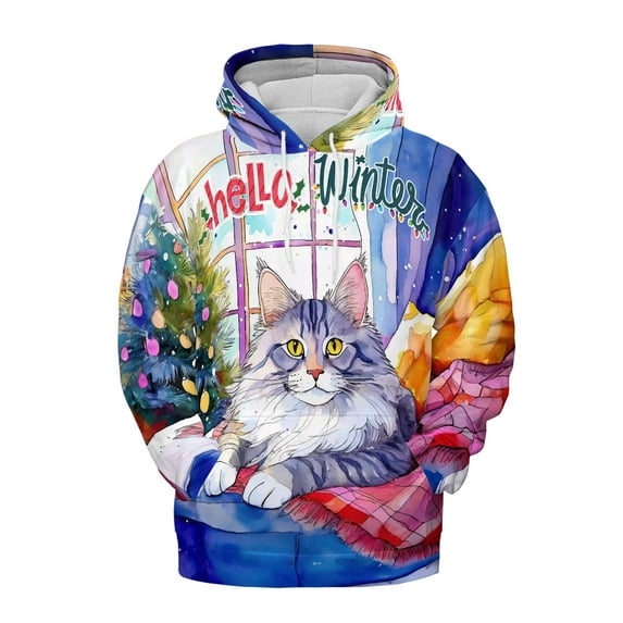 Watercolor Hello Winter Maine Coon Chill Christmas Welcome All Over Print 3D Hoodie Unisex Merch Hoodies Cat Lover Kitten Owner Gifts - 00016