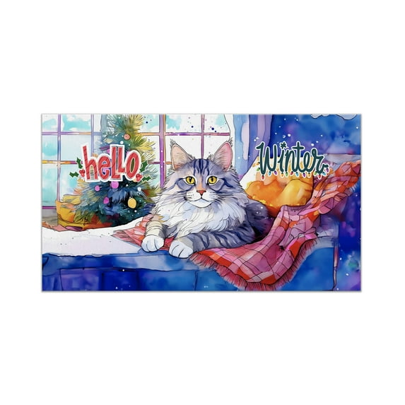 Watercolor Hello Winter Maine Coon Chill Christmas Welcome Doormat Cat Lover Kitten Owner Gifts Indoor Outdoor Welcome Mat - 00016