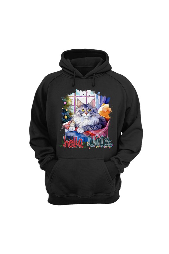 Watercolor Hello Winter Maine Coon Chill Christmas Welcome Hoodie Unisex Merch Hoodies Cat Lover Kitten Owner Gifts - 00016