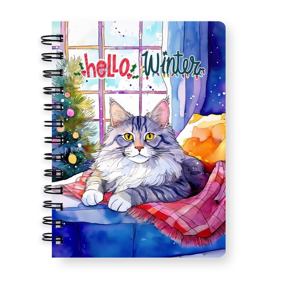 Watercolor Hello Winter Maine Coon Chill Christmas Welcome Spiral Bound Journal Cat Lover Kitten Owner Gifts 5x7in Spiral Notebook - 00016
