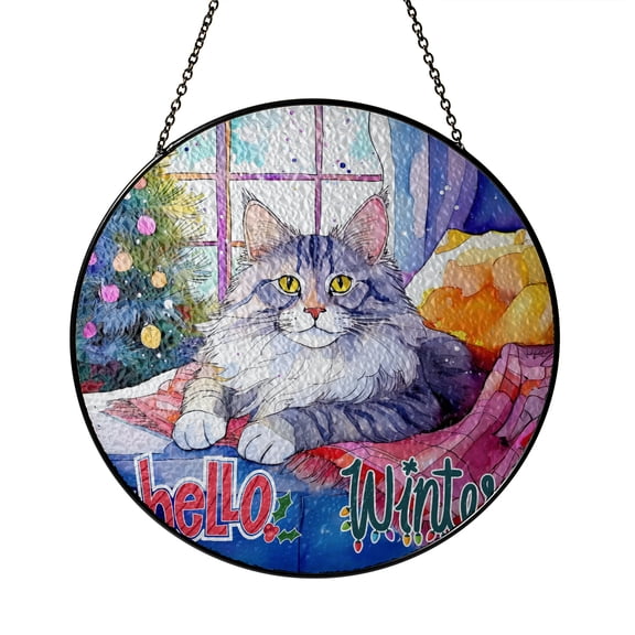 Watercolor Hello Winter Maine Coon Chill Christmas Welcome Stained Glass Suncatcher Cat Lover Kitten Owner Gifts Window Hanging Sign Decor - 00016