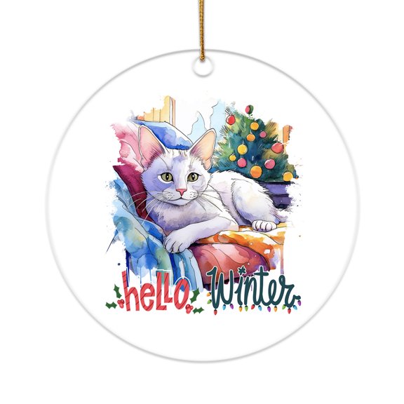 Watercolor Hello Winter Manx Chill Christmas Welcome Acrylic Round Ornament Cat Lover Kitten Owner Gifts Home Tree Decor - 00016