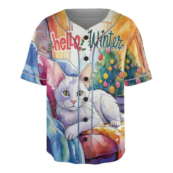 Watercolor Hello Winter Manx Chill Christmas Welcome All Over Print 3D Baseball Shirt Cat Lover Kitten Owner Gifts Softball Sport - 00016