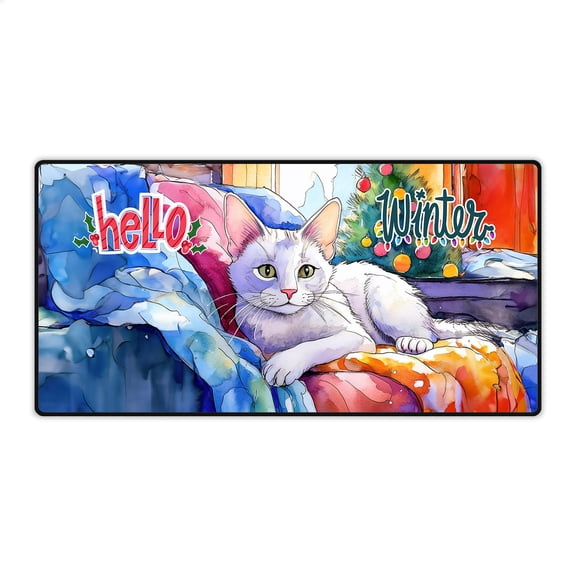 Watercolor Hello Winter Manx Chill Christmas Welcome Desk Mat Full Keyboard Mouse Pad Cat Lover Kitten Owner Gifts Large Mousepad - 00016