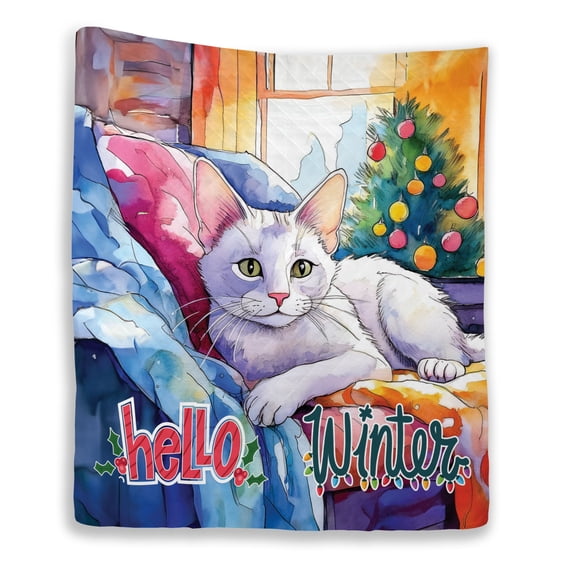 Watercolor Hello Winter Manx Chill Christmas Welcome Quilt Blanket Cat Lover Kitten Owner Gifts Cozy Comforter Throw Blanket - 00016
