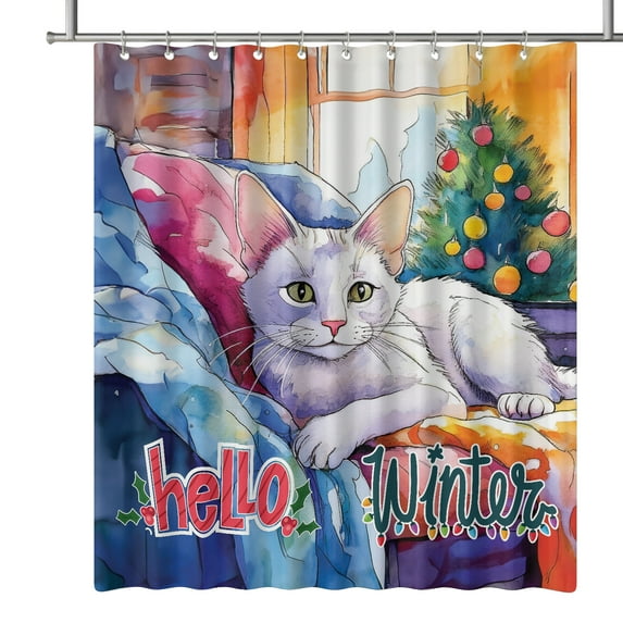 Watercolor Hello Winter Manx Chill Christmas Welcome Shower Curtain Cat Lover Kitten Owner Gifts Waterproof Bathroom Bathtub Curtain - 00016