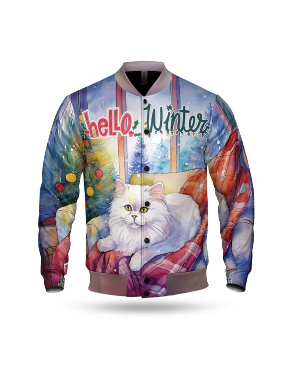 Watercolor Hello Winter Persian Chill Christmas Welcome All Over Print 3D Baseball Jacket Cat Lover Kitten Owner Gifts Bomber Jacket Softball - 00016