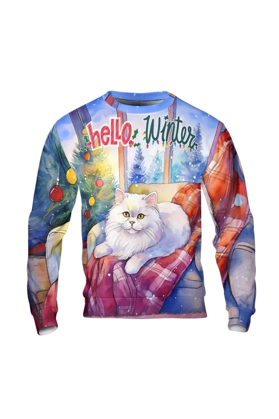 Watercolor Hello Winter Persian Chill Christmas Welcome All Over Print 3D Sweatshirt Unisex Merch Cat Lover Kitten Owner Gifts - 00016