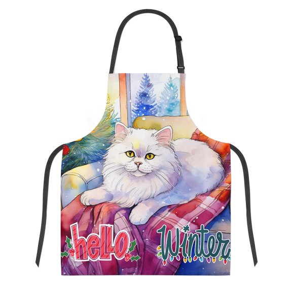 Watercolor Hello Winter Persian Chill Christmas Welcome Apron Cat Lover Kitten Owner Gifts for Cooking Grilling Baking Painting Gardening - 00016