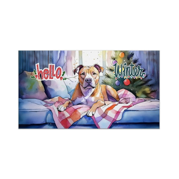 Watercolor Hello Winter Pitbull Chill Christmas Welcome Doormat Terrier Dog Lover Indoor Outdoor Welcome Mat - 00016