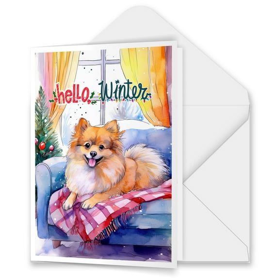 Watercolor Hello Winter Pomeranian Chill Christmas Welcome 5x7in Folded Greeting Card Pom Dog Lover Gifts Single Note Card with Envelope - 00016