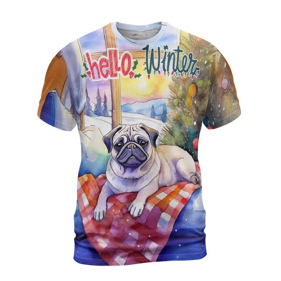Watercolor Hello Winter Pug Chill Christmas Welcome All Over Print 3D Shirt Unisex Merch Dog Lover Gifts - 00016