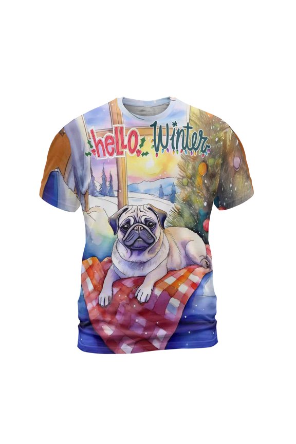 Watercolor Hello Winter Pug Chill Christmas Welcome All Over Print 3D Shirt Unisex Merch Dog Lover Gifts - 00016