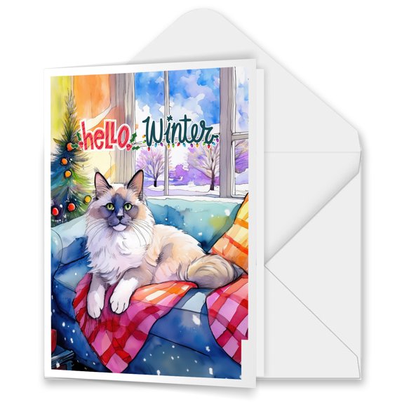 Watercolor Hello Winter Ragdoll Chill Christmas Welcome 5x7in Folded Greeting Card Cat Lover Kitten Owner Gifts Idea Single Note Card with Envelope - 00016