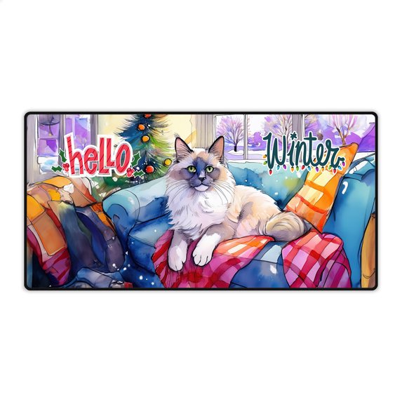 Watercolor Hello Winter Ragdoll Chill Christmas Welcome Desk Mat Full Keyboard Mouse Pad Cat Lover Kitten Owner Gifts Idea Large Mousepad - 00016