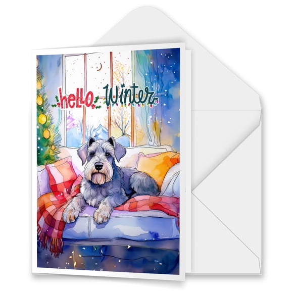 Watercolor Hello Winter Schnauzer Chill Christmas Welcome 5x7in Folded Greeting Card Miniature Schnauzer Dog Lover Single Note Card with Envelope - 00016