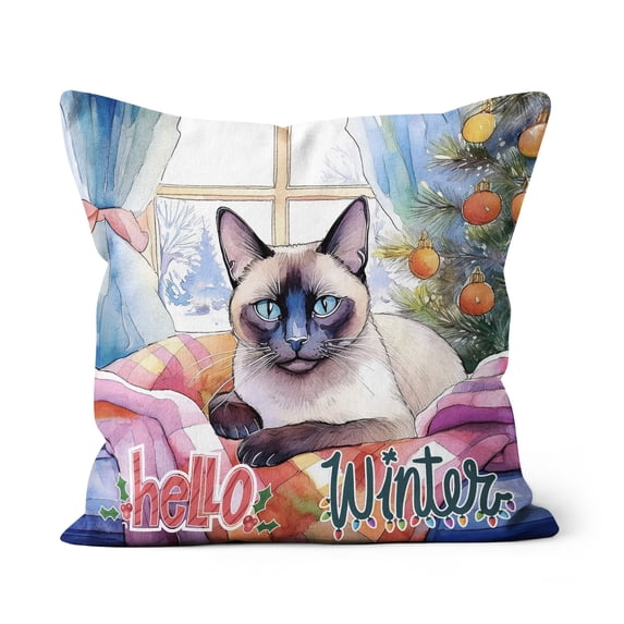 Watercolor Hello Winter Siamese Chill Christmas Welcome Pillow Cushion Double Sided Cat Lover Kitten Owner Gifts Throw Pillow - 00016