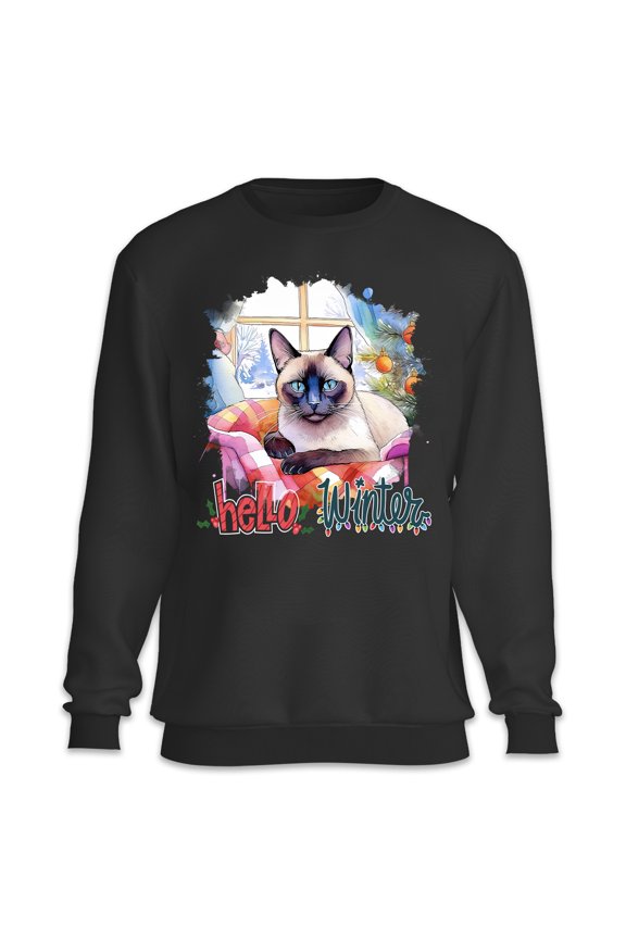 Watercolor Hello Winter Siamese Chill Christmas Welcome Sweatshirt Unisex Merch Cat Lover Kitten Owner Gifts - 00016