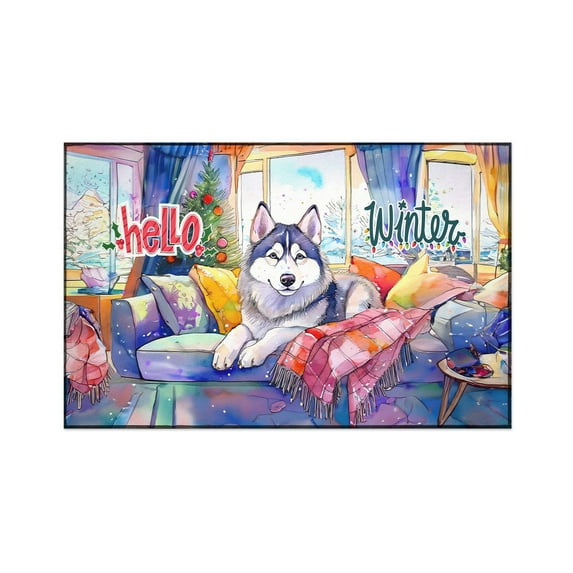 Watercolor Hello Winter Siberian Husky Chill Christmas Welcome Indoor Rug Husky Dog Lover Gifts Carpet Living Bed Room Sofa Home Decor - 00016