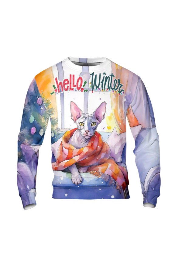 Watercolor Hello Winter Sphynx Chill Christmas Welcome All Over Print 3D Sweatshirt Unisex Merch Cat Lover Kitten Owner Gifts Idea - 00016